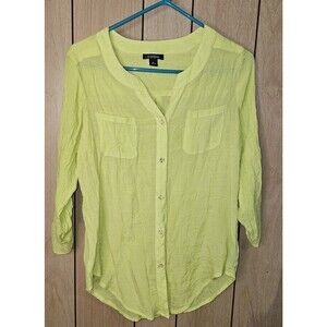 B Design Lime Green Crinkle Blouse Women's Large 3/4 Sleeve Button Front Top